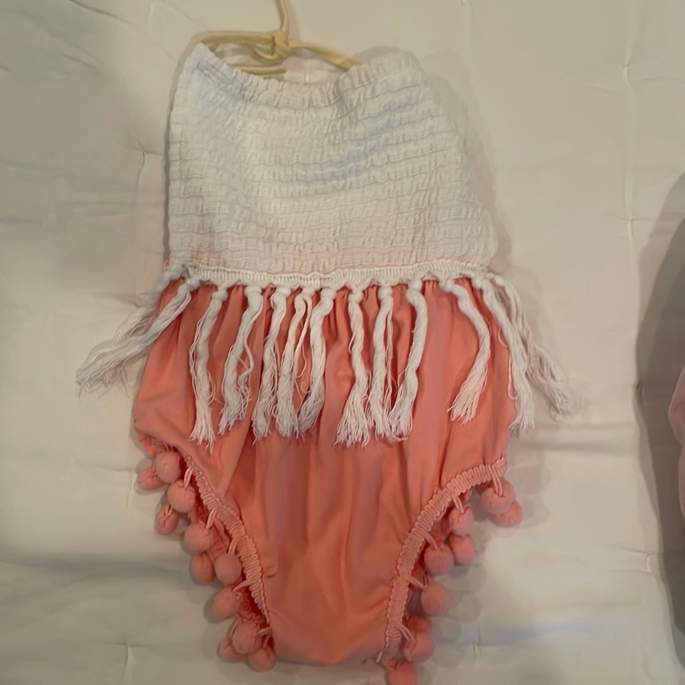 Pink and white fringe romper